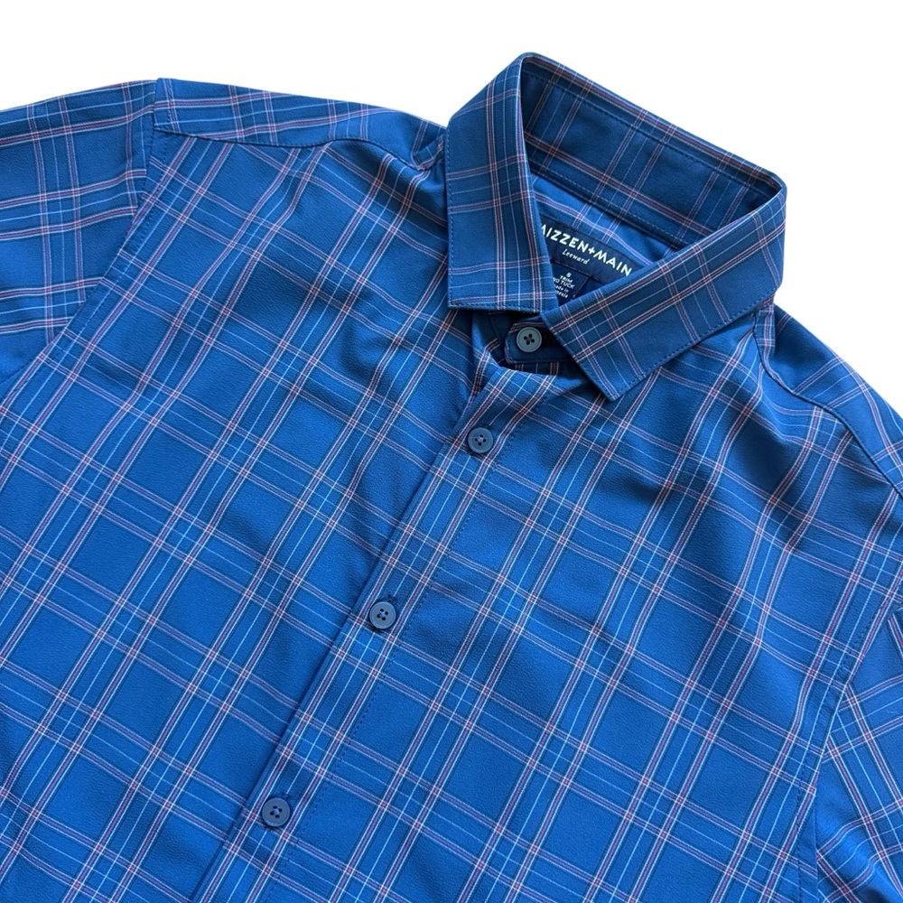 Mizzen+Main Leeward Performance Dress Shirt Blue Plaid Trim Fit No-Tuck Mens S
